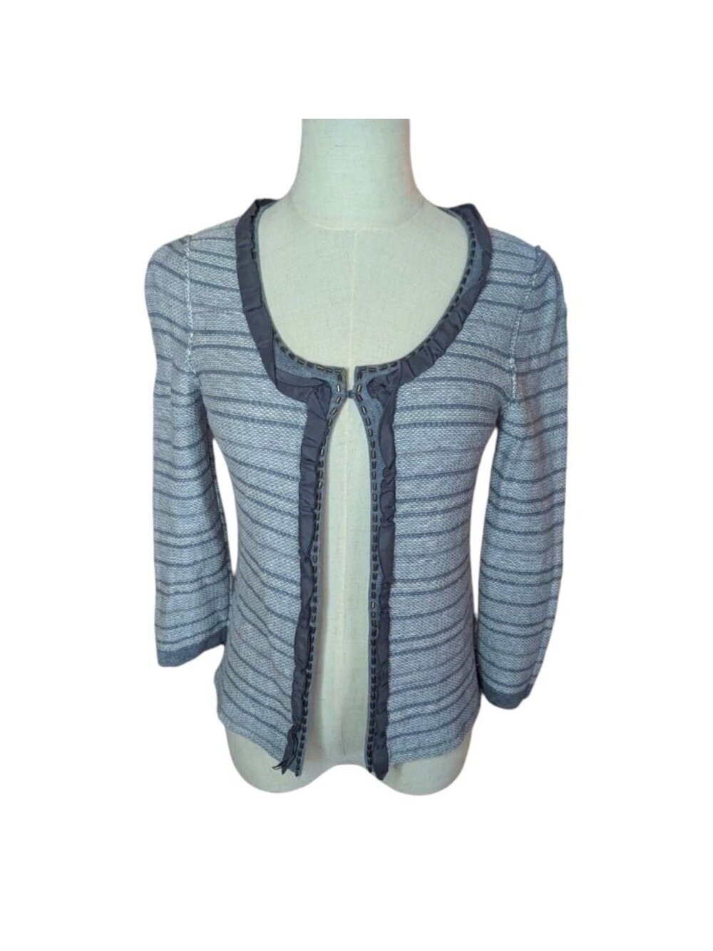Banana Republic 3/4 Sleeve Cotton Wool Beaded Striped Open Cardigan Extra Small